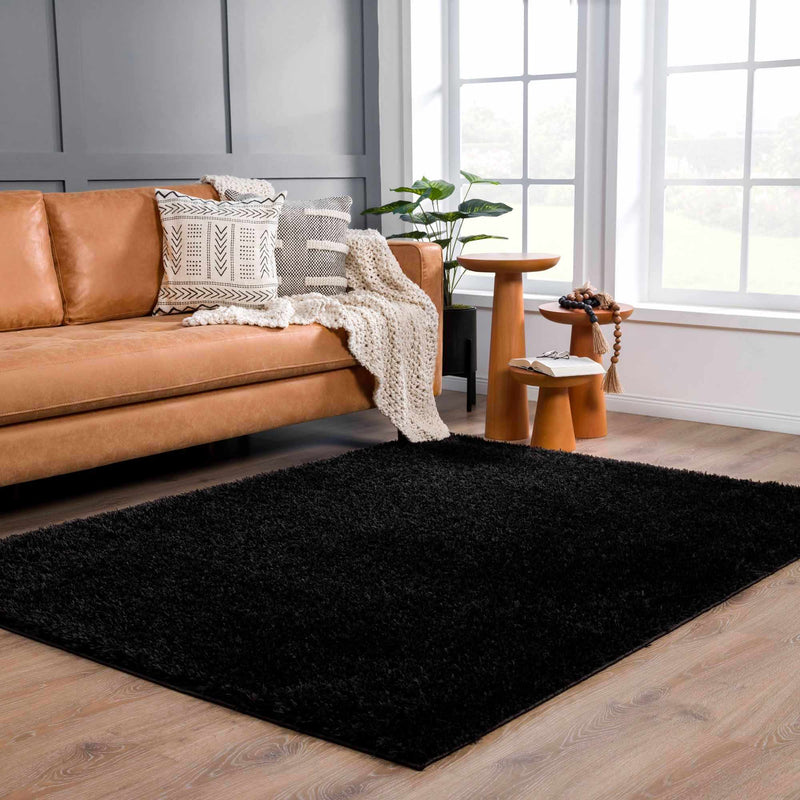 Faina Solid Black Shag Rug Washable