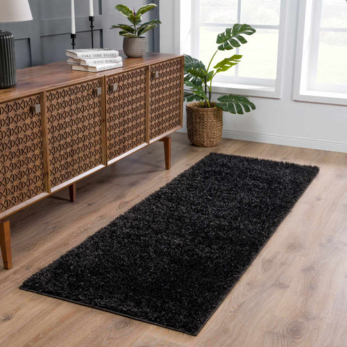 Faina Solid Black Shag Rug Washable