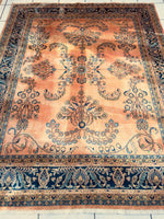 Hand-Knotted Indo-Sarouk Wool Rug – 8' x 10' – Peach Field with Navy Border
