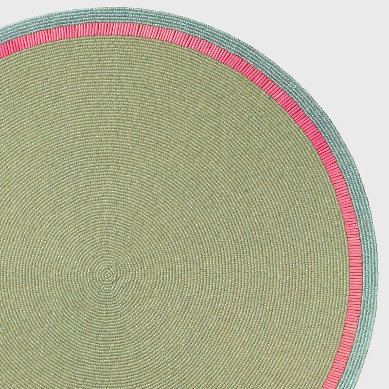 Bright stripe hand beaded placemat, seafoam with pink