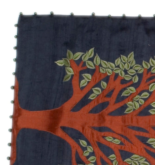 Navy Silk Table Runner with Tree of Life Embroidery and Hand Beading - 18x72"