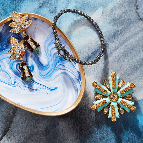 Marbleized porcelain ring dish, blue