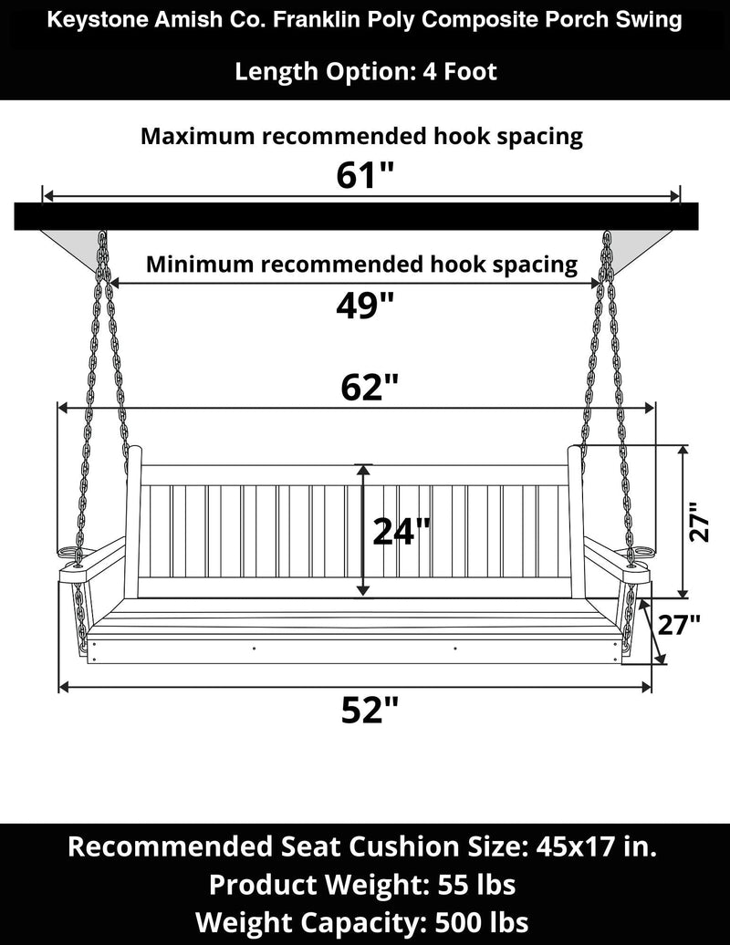Keystone Amish Co. 4 Foot Franklin Poly Composite Porch Swing, Black