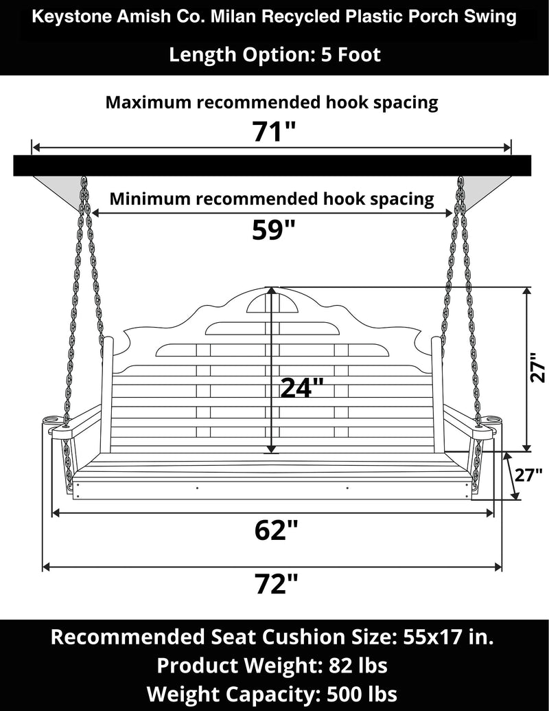 Keystone Amish Co. 5 Foot Milan Recycled Plastic Porch Swing, Blue