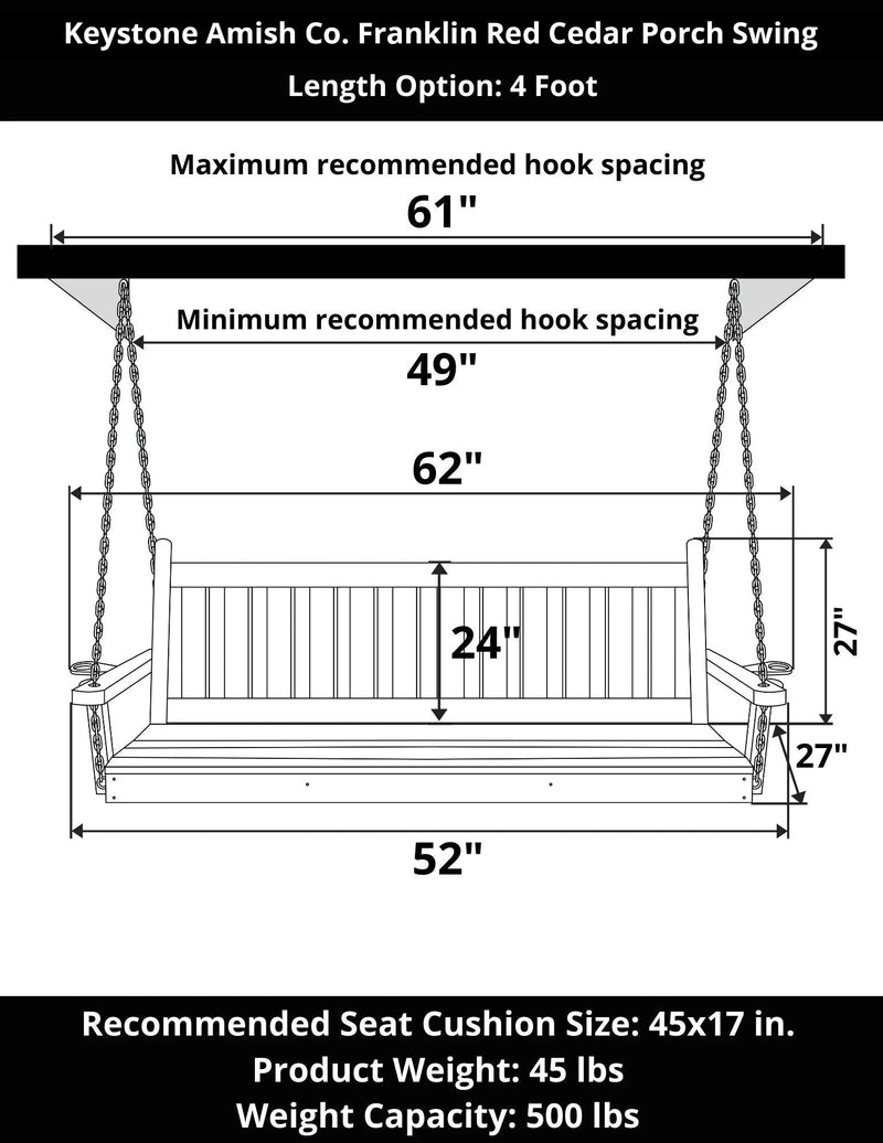 Keystone Amish Co. 4 Foot Franklin Red Cedar Porch Swing without Cupholders