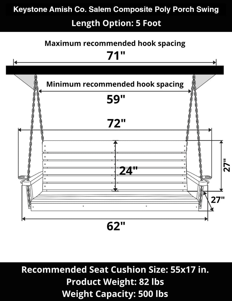 Keystone Amish Co. 5 Foot Salem Composite Poly Porch Swing, Bright White