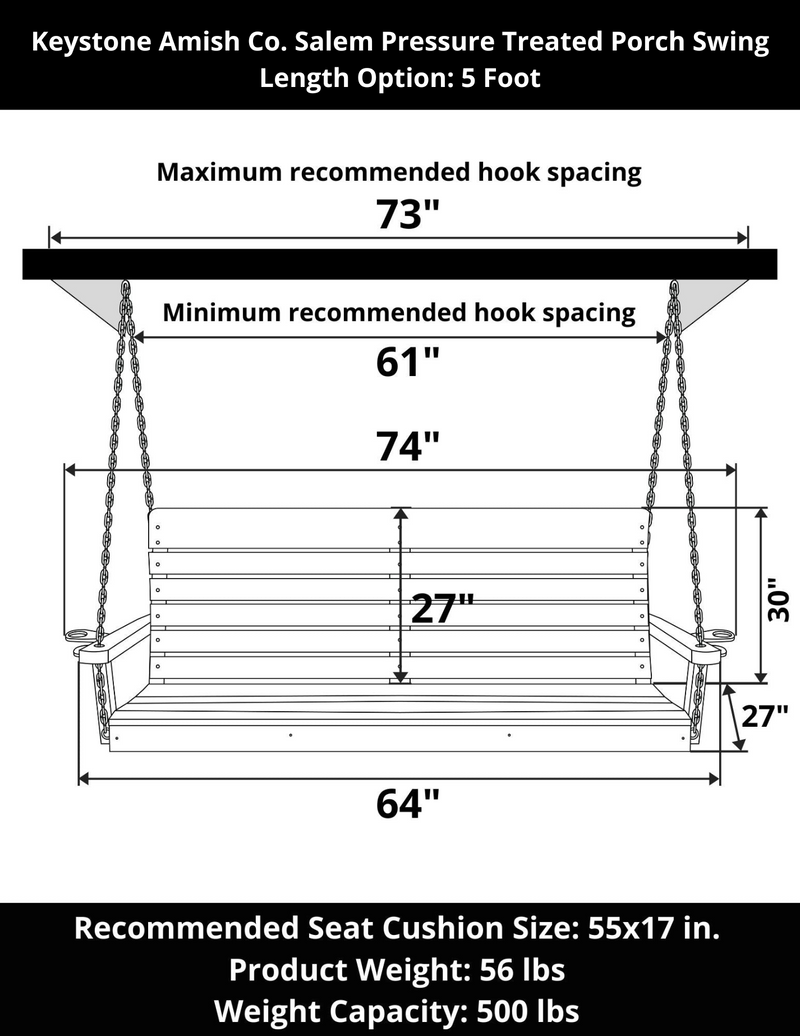Keystone Amish Co. 5 Foot Salem Pressure Treated Porch Swing, Unfinished