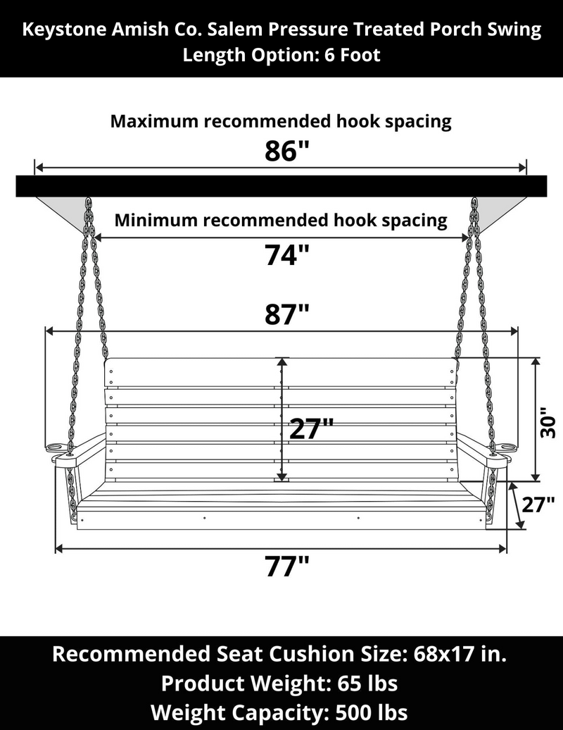 Keystone Amish Co. 6 Foot Salem Pressure Treated Porch Swing, Unfinished