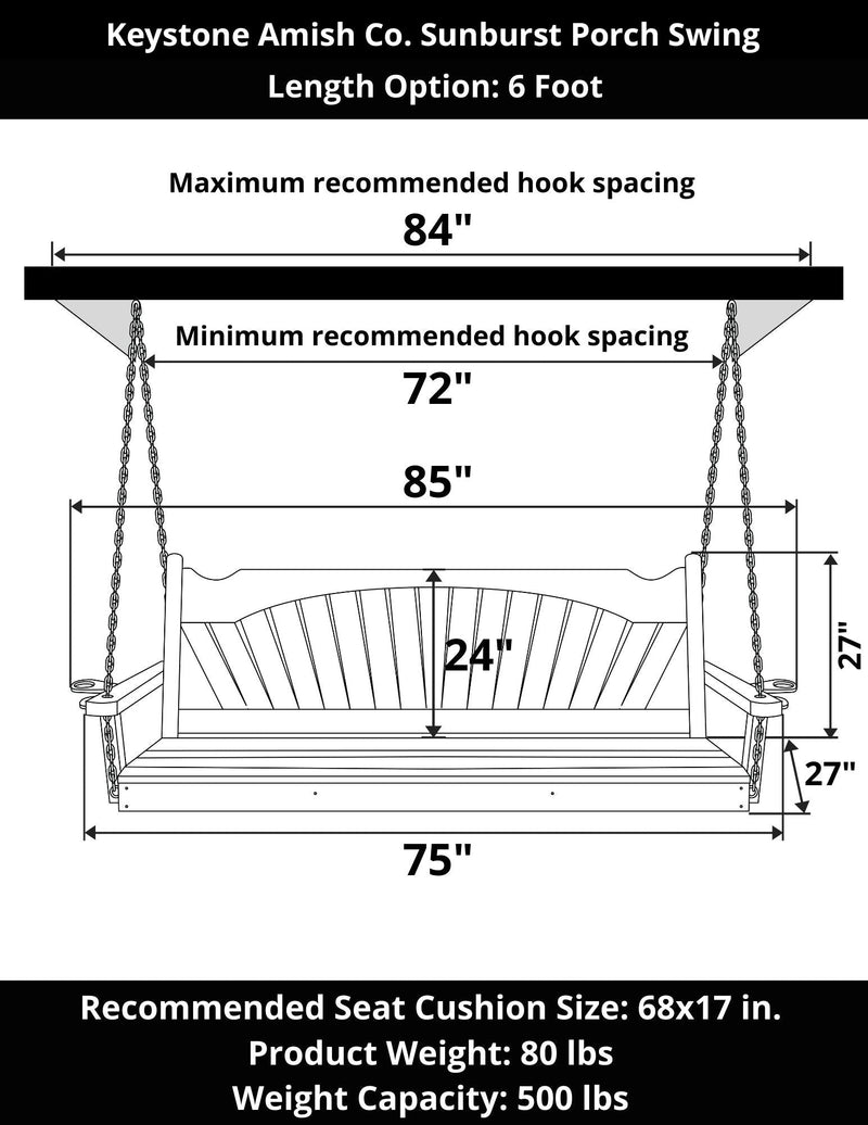 Keystone Amish Co. Sunburst Porch Swing, 6 Foot, White