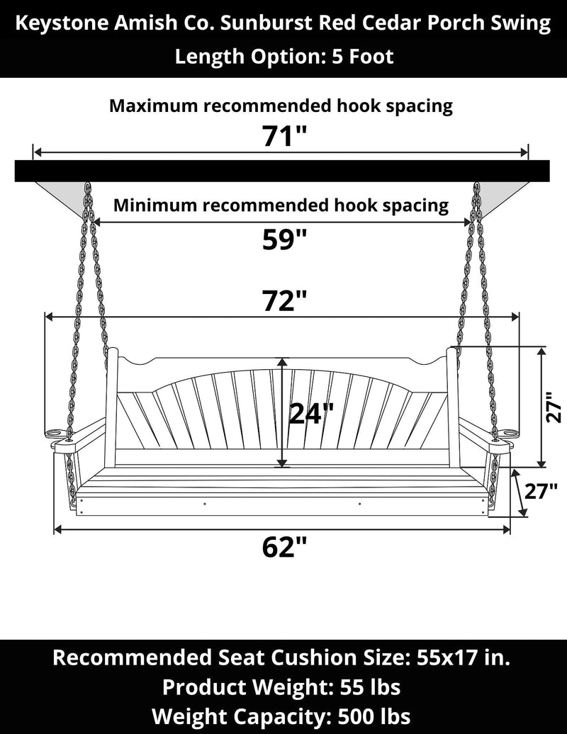 Keystone Amish Co. 5 Foot Sunburst Red Cedar Porch Swing With Cupholders