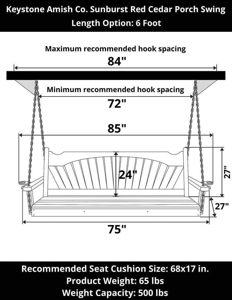 Keystone Amish Co. 6 Foot Sunburst Red Cedar Porch Swing Without Cupholders