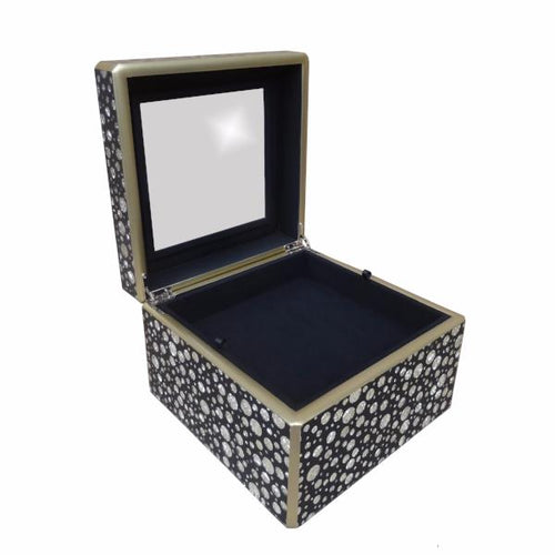 Handmade Reverse Painted Mirror Square Box in Silver Dots on Blue - Medium