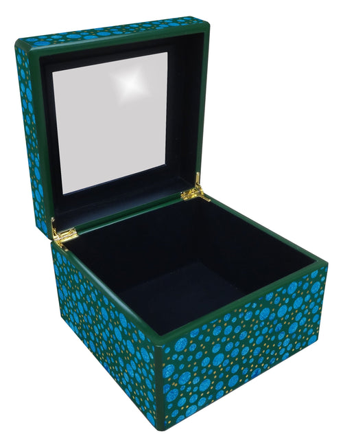 Handmade Reverse Painted Mirror Square Box in Blue Dots - Medium
