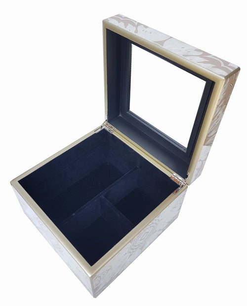Handmade Reverse Painted Mirror Square Box in Beige - Medium