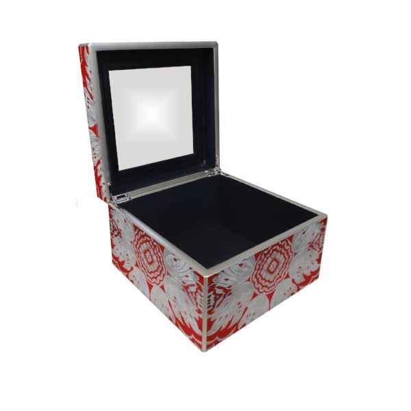 Handmade Reverse Painted Mirror Square Box in Tomato Red - Medium