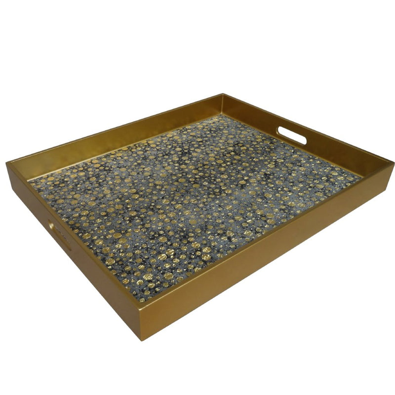 Handmade Reverse Painted Mirror Tray with Handles in Gold Dots - Extra Large