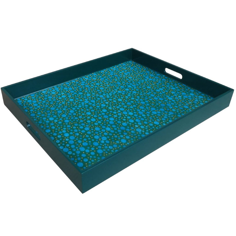 Handmade Reverse Painted Mirror Tray with Handles in Blue Bubbles - Extra Large