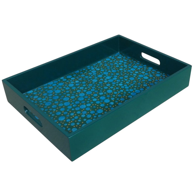 Handmade Reverse Painted Mirror Tray with Handles in Blue and Green Dots - Medium