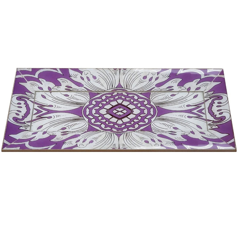 Handmade Reverse Painted Mirror Tray with Beveled Edge in Lavender - Small
