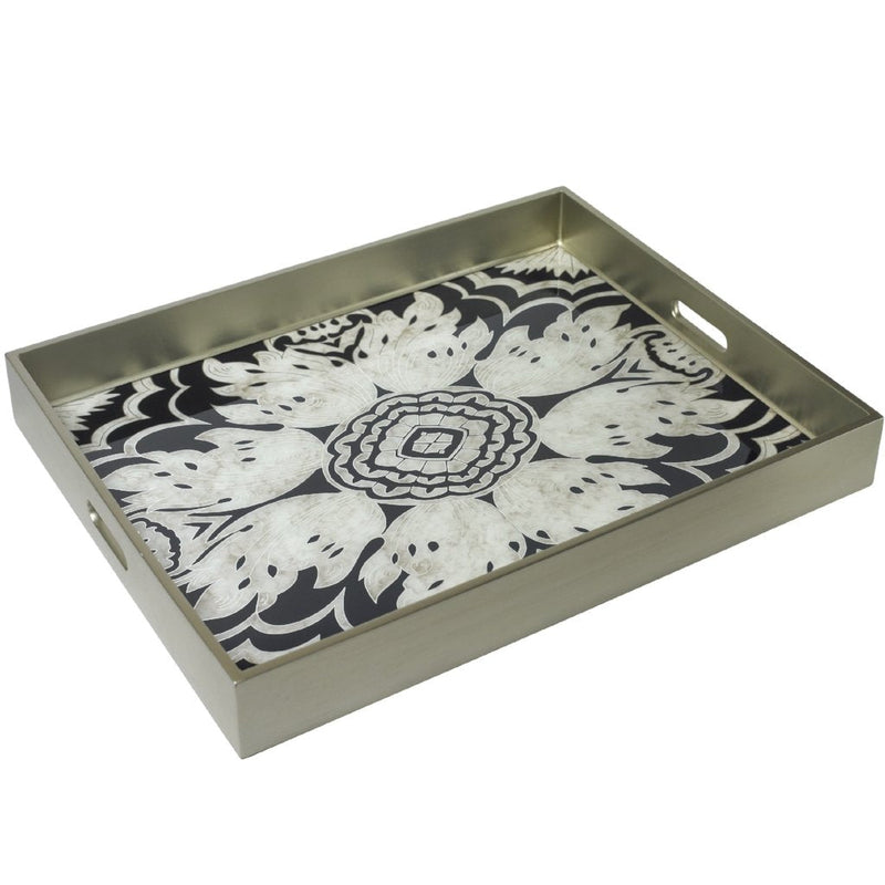 Handmade Reverse Painted Mirror Tray with Handles in Midnight - Extra Large