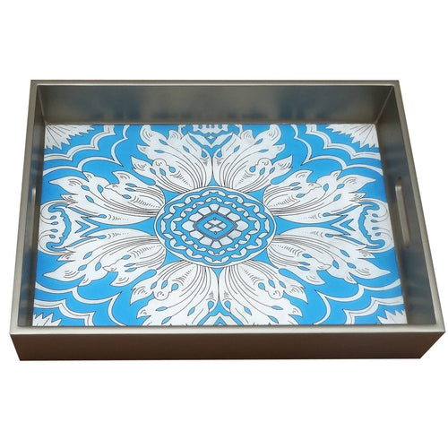 Handmade Reverse Painted Mirror Tray with Handles in Sky Blue - Medium