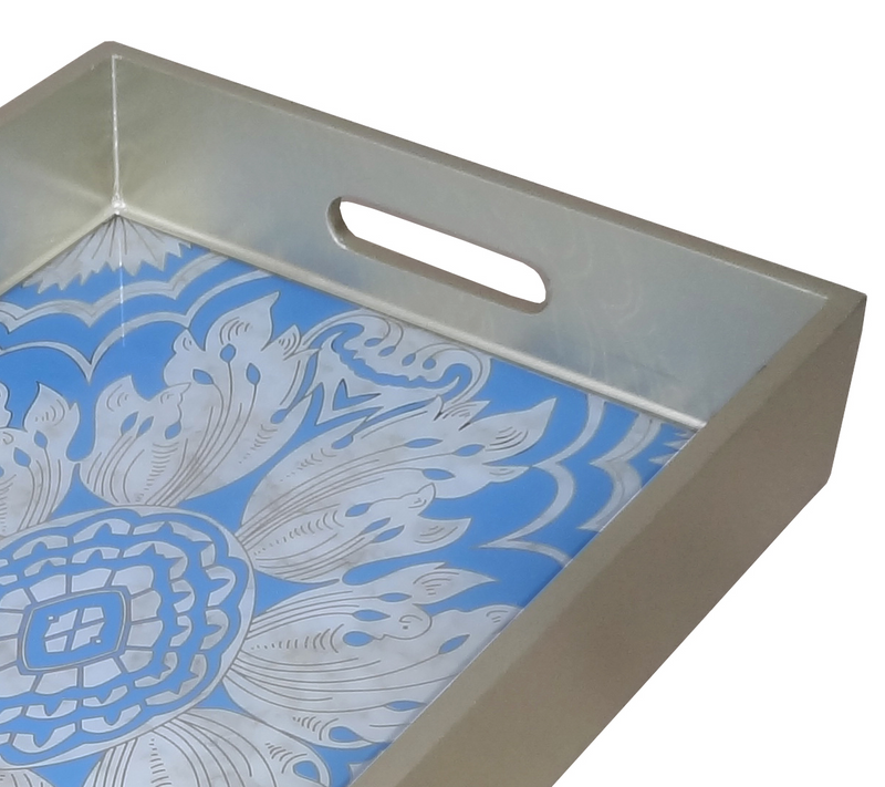 Handmade Reverse Painted Mirror Tray with Handles in Sky Blue - Medium