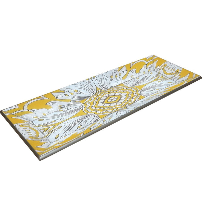 Handmade Reverse Painted Mirror Tray with Beveled Edge in Yellow - Small