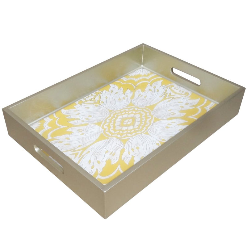 Handmade Reverse Painted Mirror Tray with Handles in Yellow - Medium