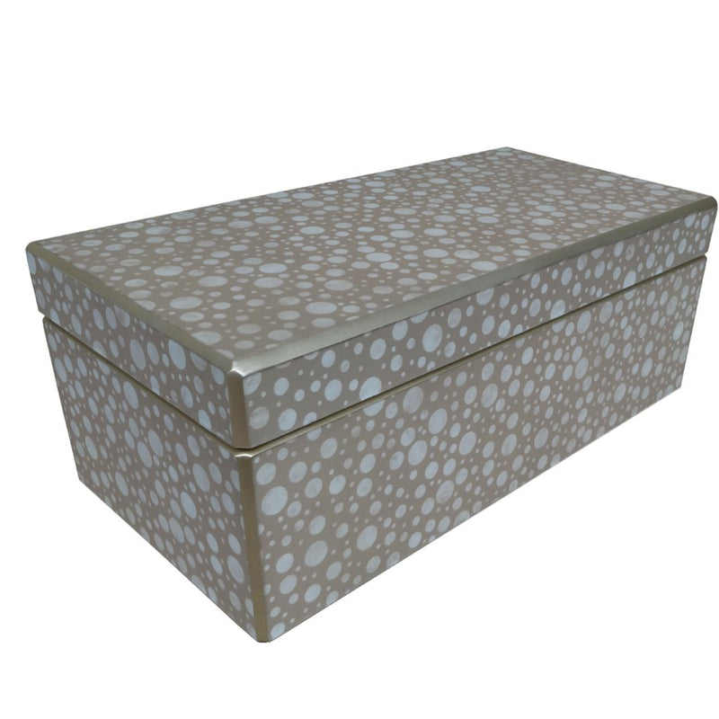Handmade Reverse Painted Mirror Rectangular Box in White and Beige Dots