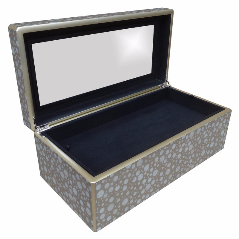 Handmade Reverse Painted Mirror Rectangular Box in White and Beige Dots