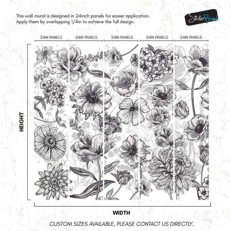 Black and White Flower Wallpaper Mural. #6676