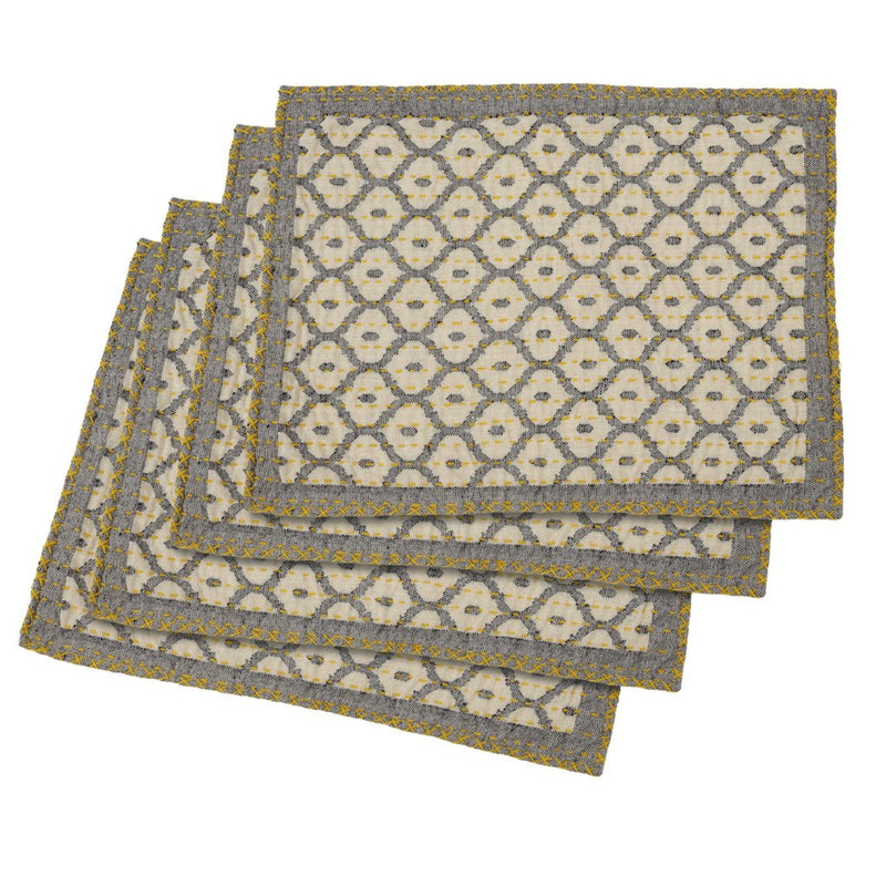 Artisan Hand Loomed Placemat - Gray with Yellow Stitching - 14" x 19"- Set of 4