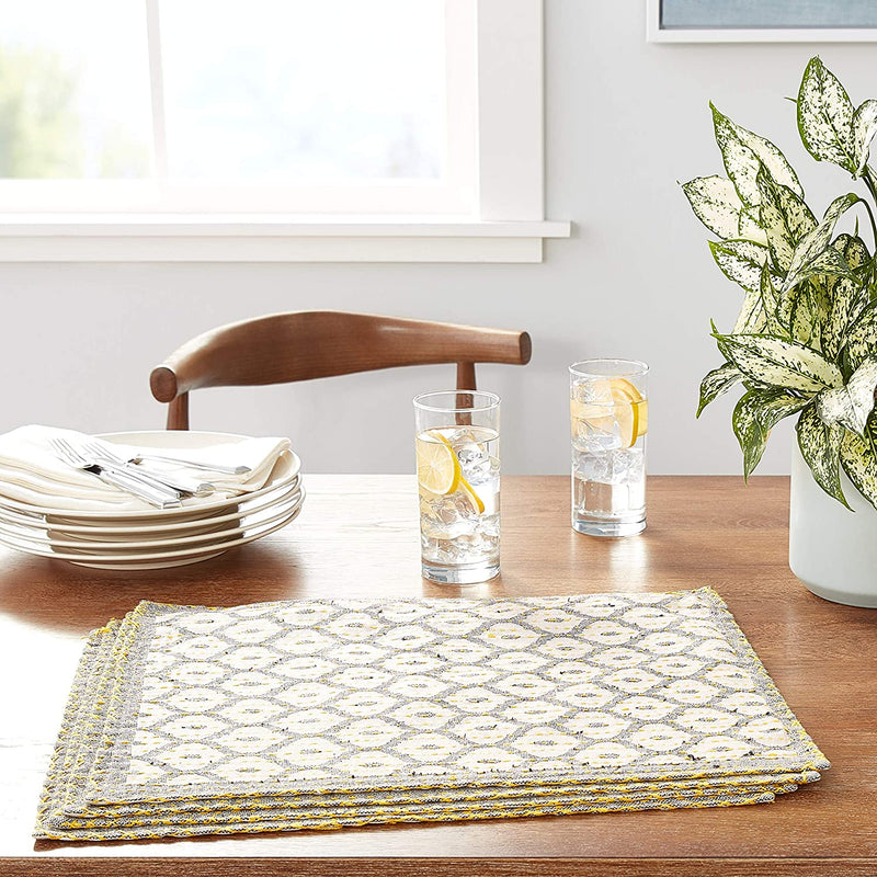 Artisan Hand Loomed Placemat - Gray with Yellow Stitching - 14" x 19"- Set of 4