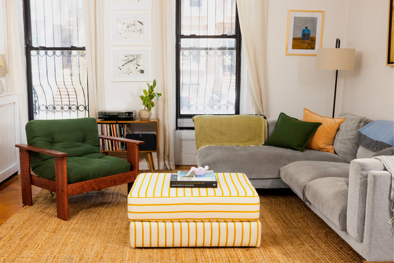 The Elevate Ottoman in a Striped Hemp Blend