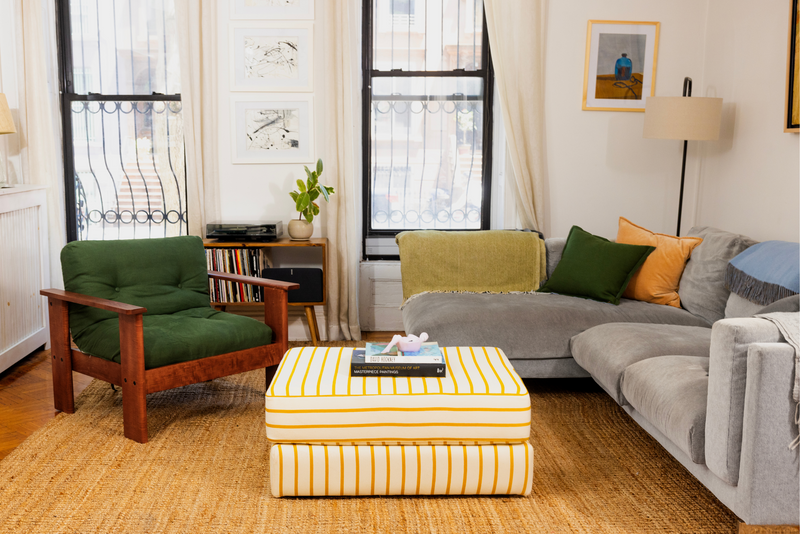 The Elevate Ottoman in a Striped Hemp Blend