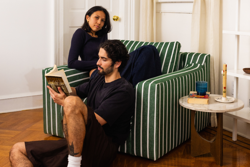 The Evergreen Ottoman in a Striped Hemp Blend