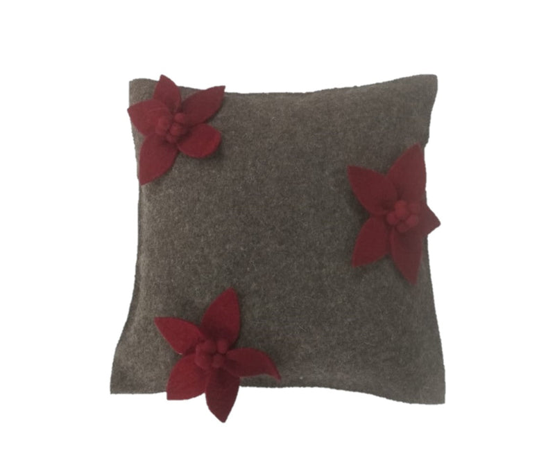 Hand Felted Wool  Pillow -  Scattered Red 3D Flowers on Grey – 20"