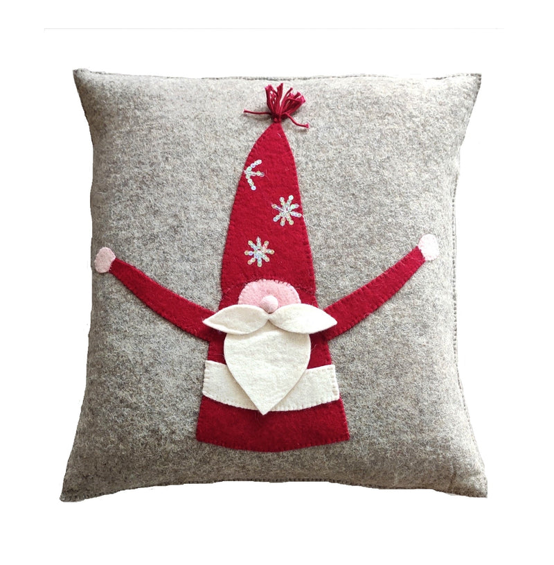 Hand Felted Wool Pillow - Gnome with Red Sequin Hat - 20"