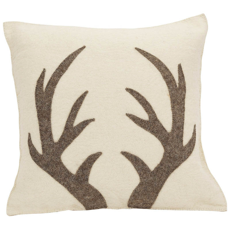 Hand Felted Wool Pillow - Gray Antlers on Cream - 20"