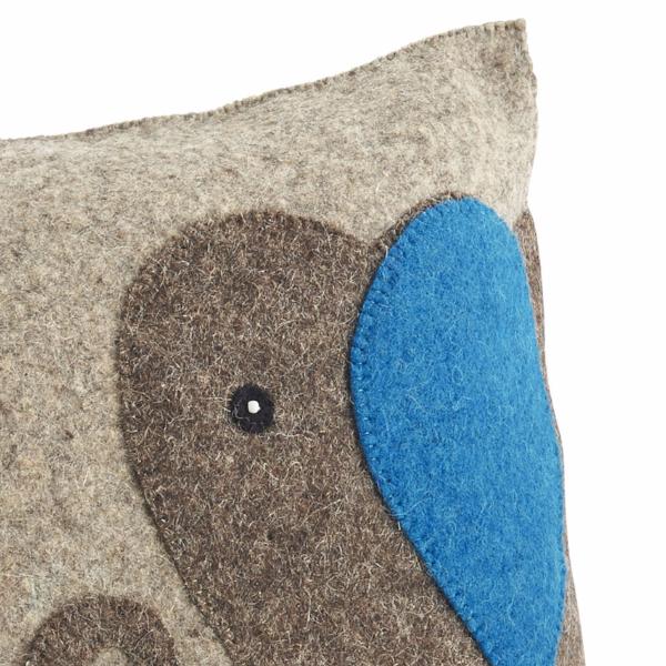 Handmade Pillow in Hand Felted Wool - Blue Elephant on Gray - 18"