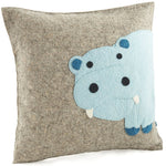 Handmade Pillow in Hand Felted Wool - Blue Hippo on Gray - 18"
