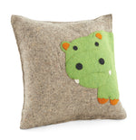 Handmade Pillow in Hand Felted Wool - Green Hippo on Gray - 18"
