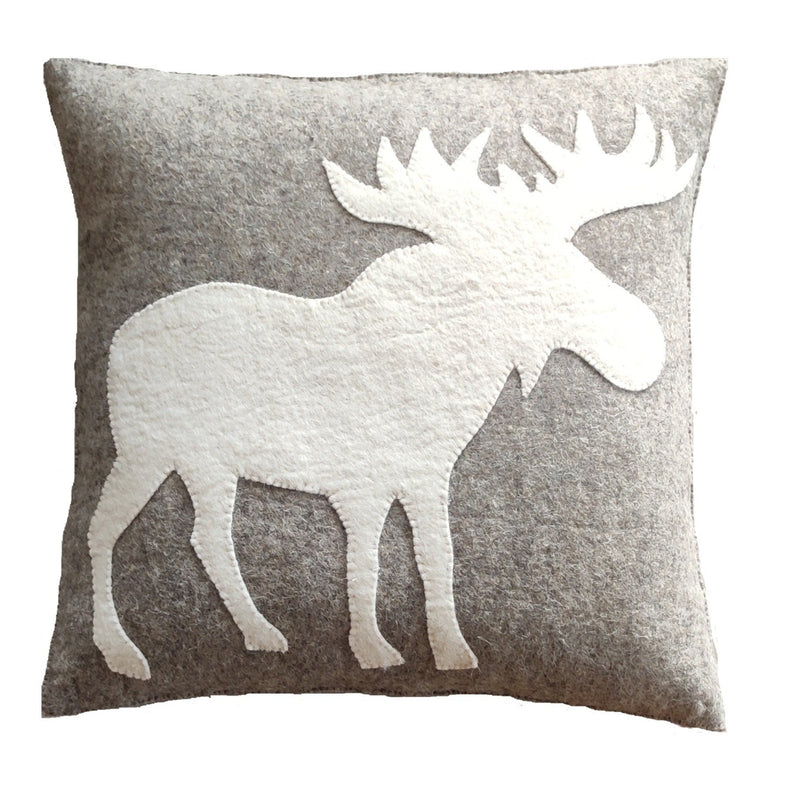 Hand Felted Wool Pillow - Cream Moose Silhouette on Gray - 20"