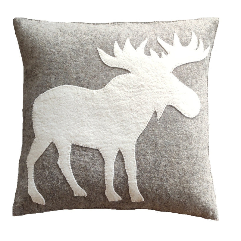 Hand Felted Wool Pillow - Cream Moose Silhouette on Gray - 20"