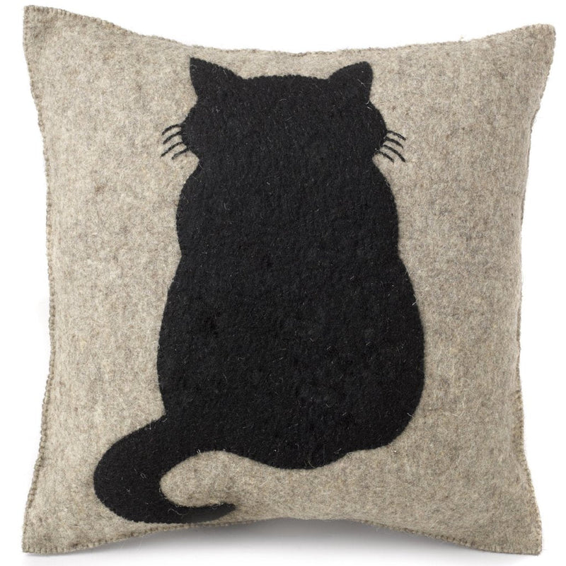Handmade Pillow in Hand Felted Wool - Cat on Gray - 20"