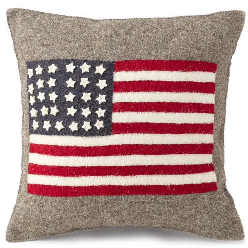 Handmade Pillow in Hand Felted Wool - American Flag on Gray - 20"