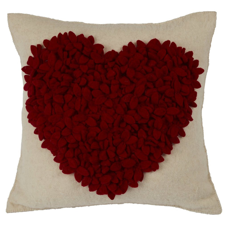 Hand Felted Wool Pillow Cover - Red Heart on Cream - 20"