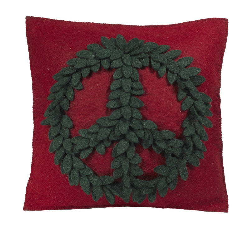 Hand Felted Wool Pillow – Green Peace Sign on Red – 20”