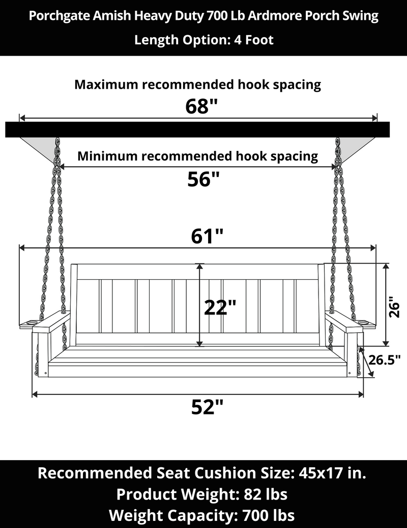 Porchgate Amish Heavy Duty 700 Lb 5-Foot Ardmore Porch Swing - Oak Stain