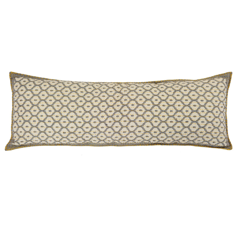 Artisan Hand Loomed Cotton Lumbar Pillow - Gray with Yellow Stitching - 16"x48"